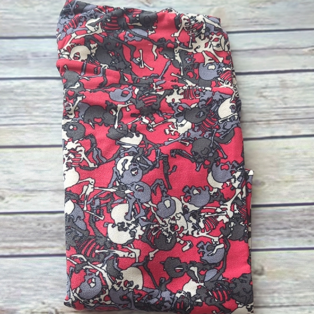 LuLaRoe Red and Gray Skeleton Patterned TC Leggings